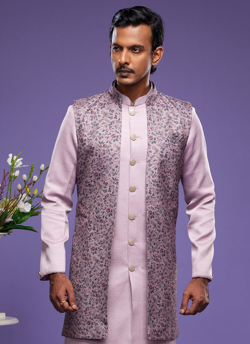 Digital Print Banarasi Silk Mauve Kurta Payjama With Jacket - M6060