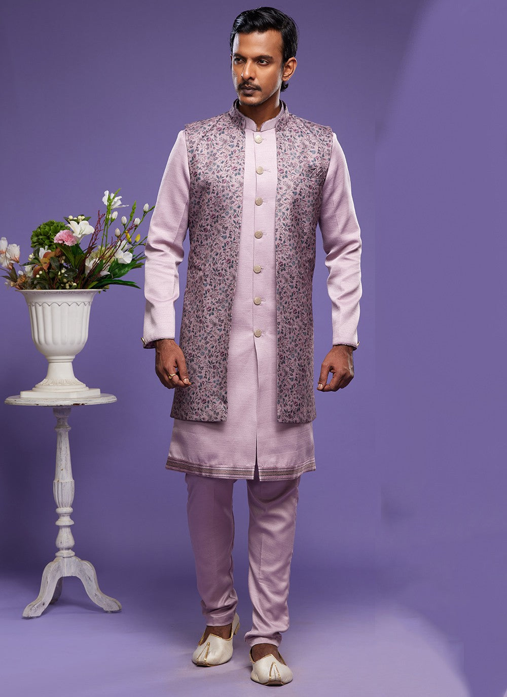 Digital Print Banarasi Silk Mauve Kurta Payjama With Jacket - M6060