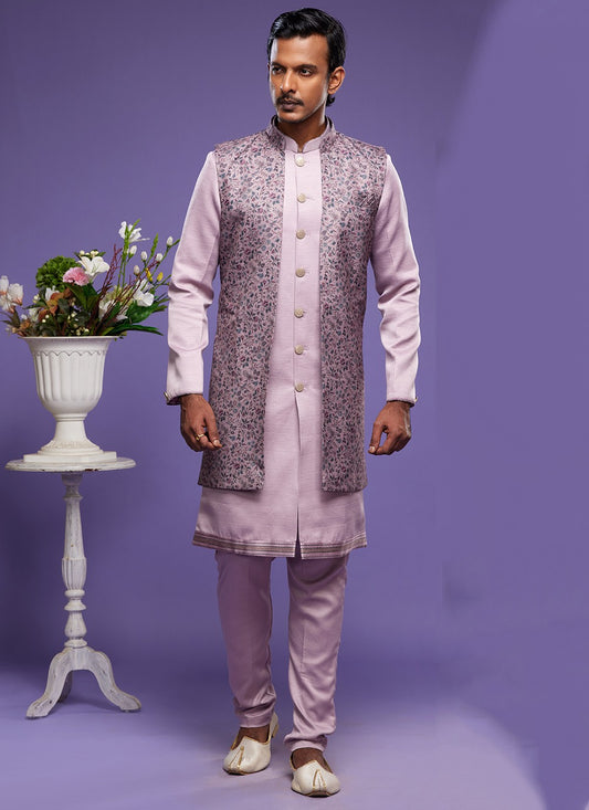 Digital Print Banarasi Silk Mauve Kurta Payjama With Jacket - M6060