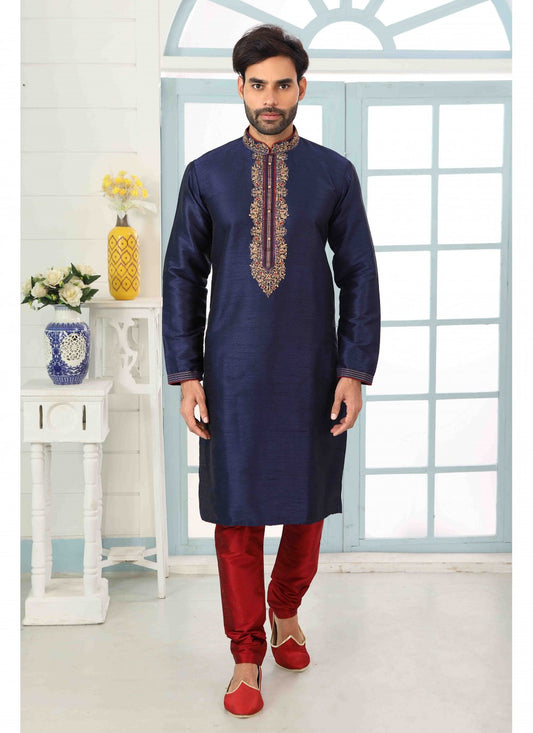 Embroidered Banarasi Silk Navy Blue Kurta Pyjama - M1803