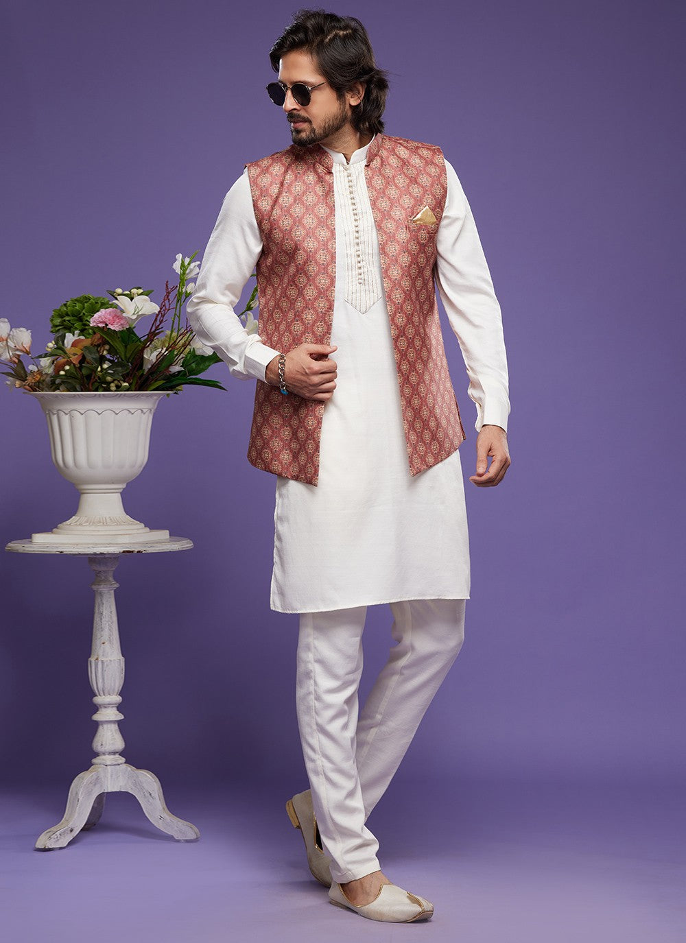 Digital Print Banarasi Silk Off White, Rust Kurta Payjama With Jacket - M6076