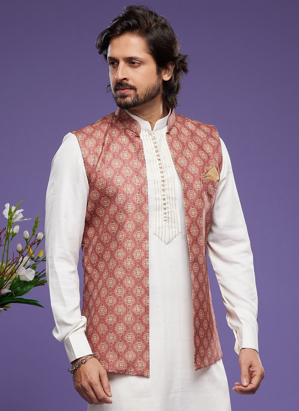 Digital Print Banarasi Silk Off White, Rust Kurta Payjama With Jacket - M6076