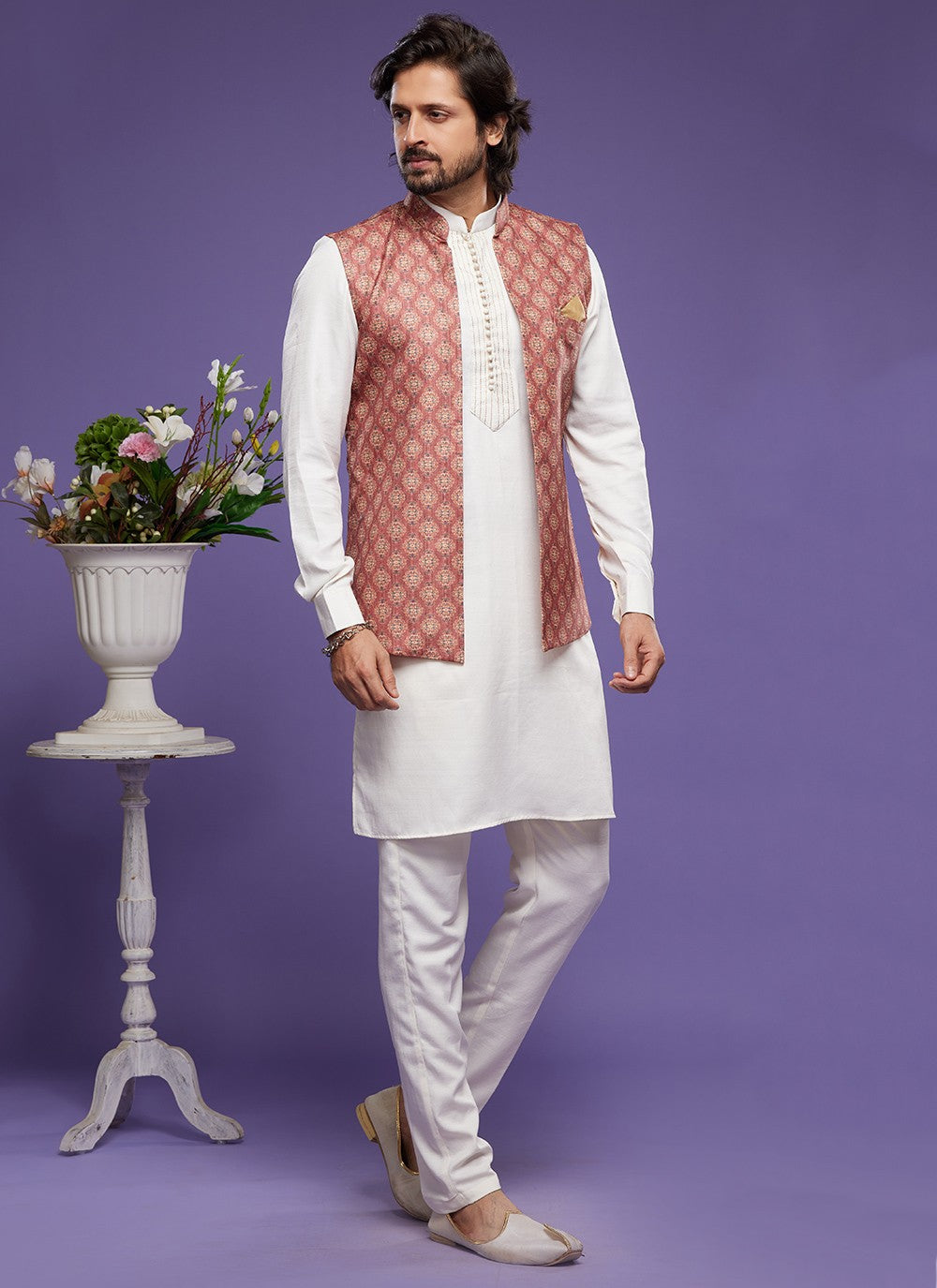 Digital Print Banarasi Silk Off White, Rust Kurta Payjama With Jacket - M6076