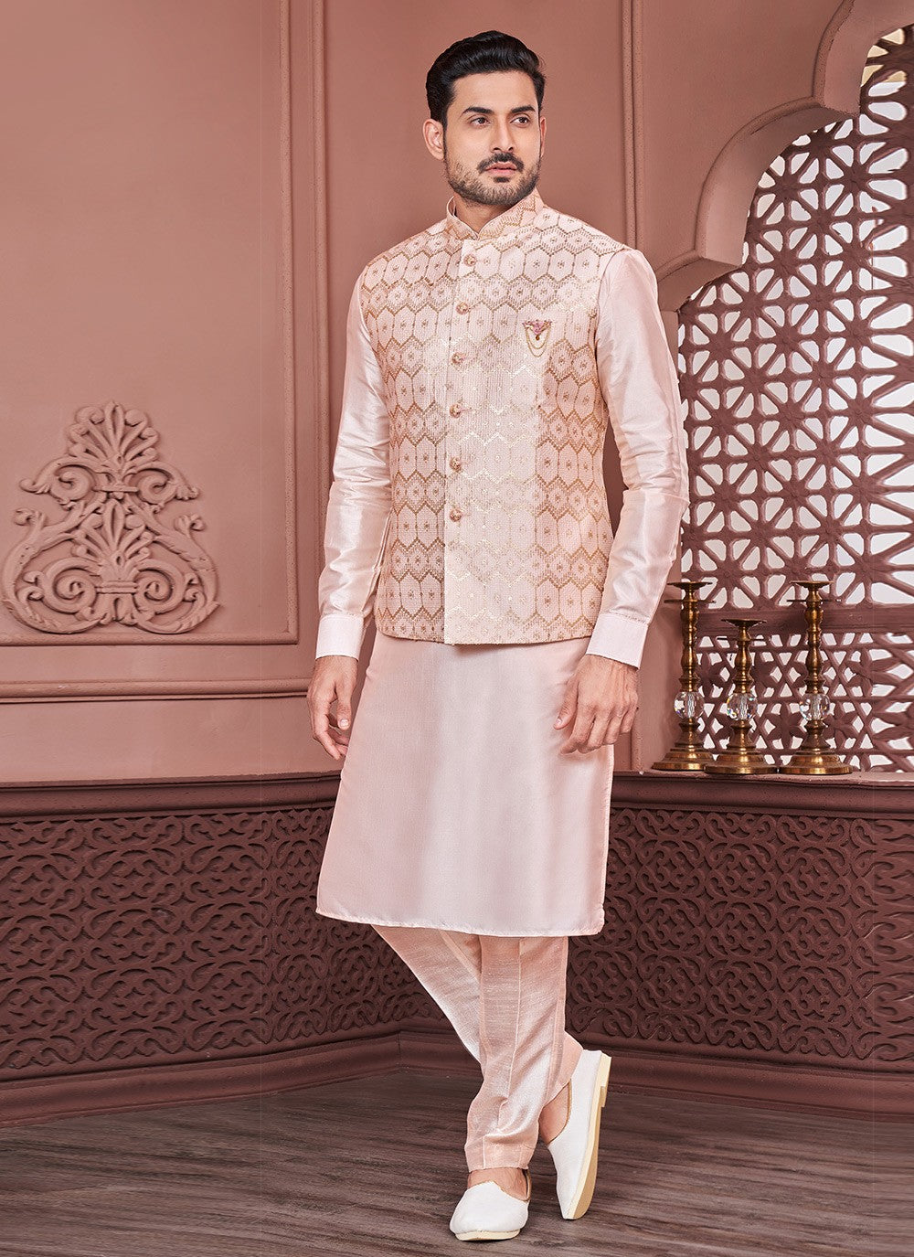 Embroidered Banarasi Silk Peach Kurta Payjama With Jacket - M6415