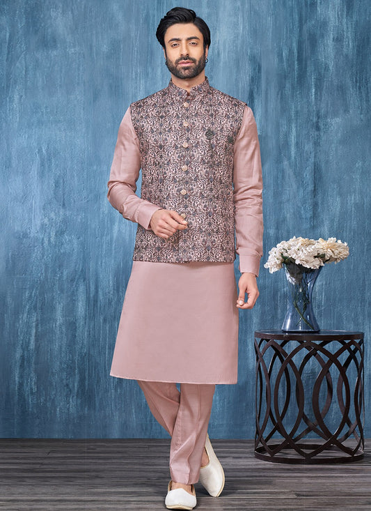 Embroidered Banarasi Silk Pink Kurta Payjama With Jacket - M6319