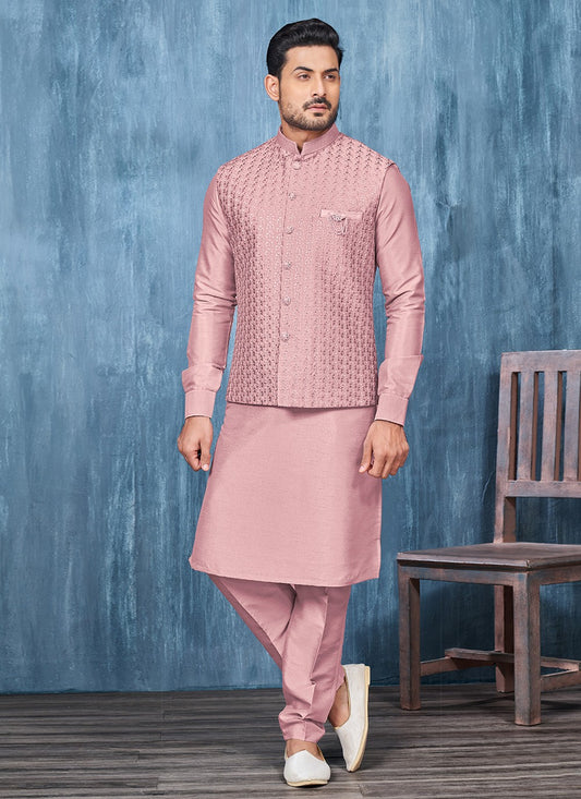 Embroidered Banarasi Silk Pink Kurta Payjama With Jacket - M6411