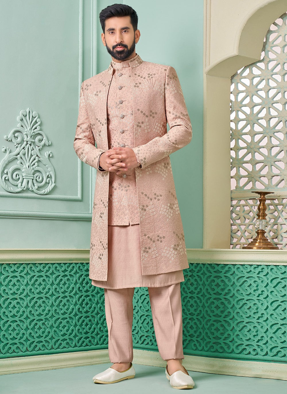 Embroidered Banarasi Silk Pink Indo Western - M7288
