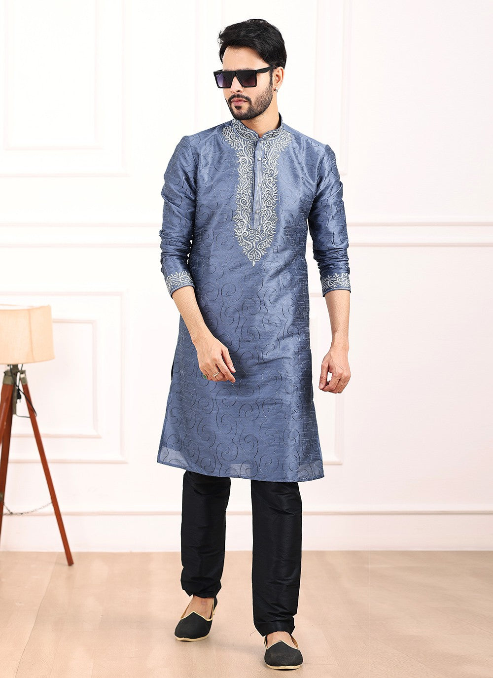Thread Banarasi Silk Blue Kurta Pyjama - M6124