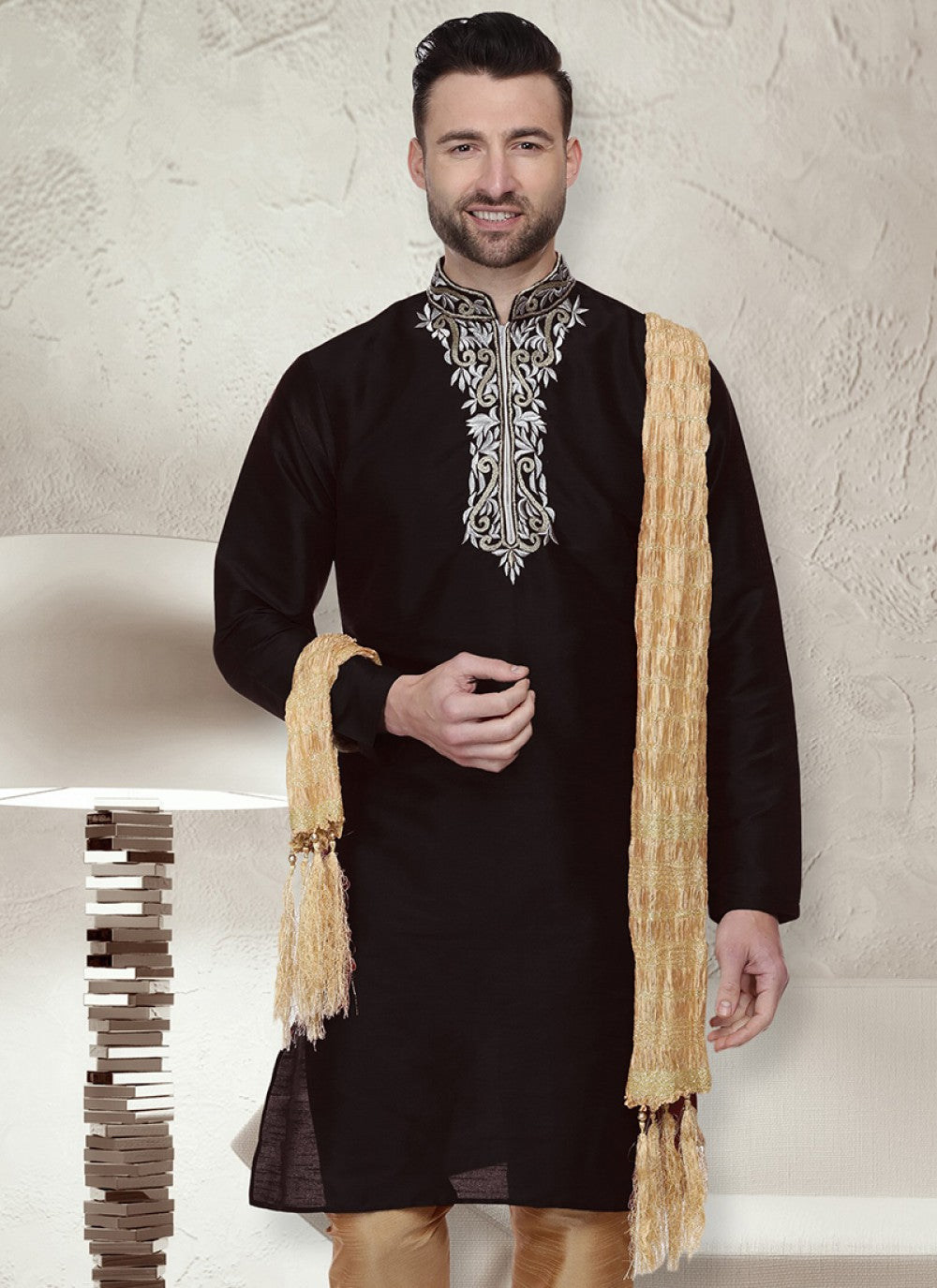 Embroidered Art Dupion Silk Black Kurta - M1466