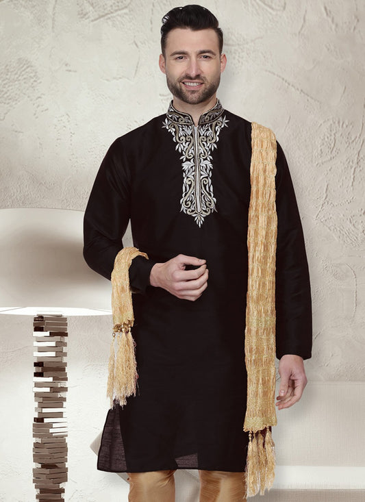Embroidered Art Dupion Silk Black Kurta - M1466