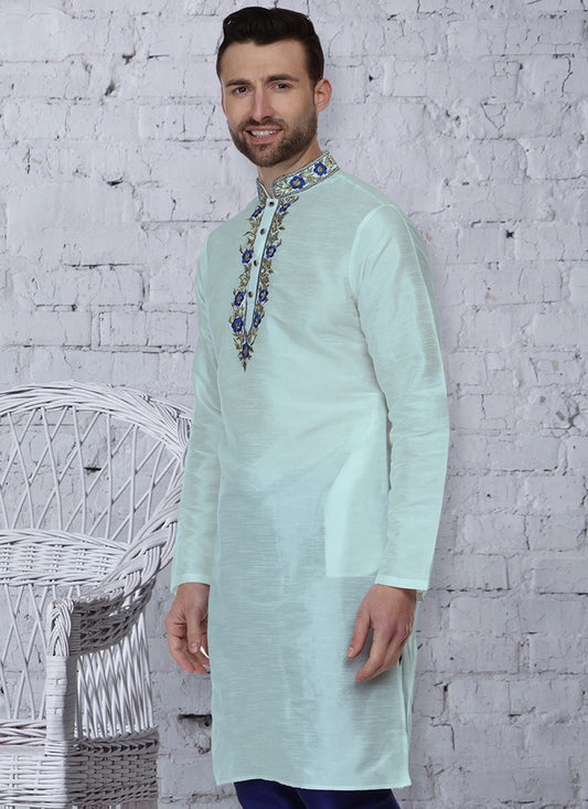 Embroidered Art Dupion Silk Blue Kurta - M1460