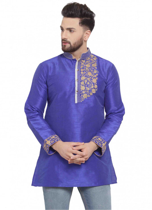 Embroidered Art Dupion Silk Blue Kurta - M1691