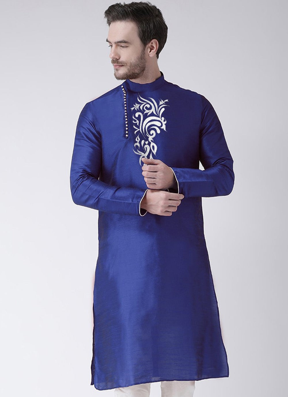 Embroidered Art Dupion Silk Blue Kurta - M4238