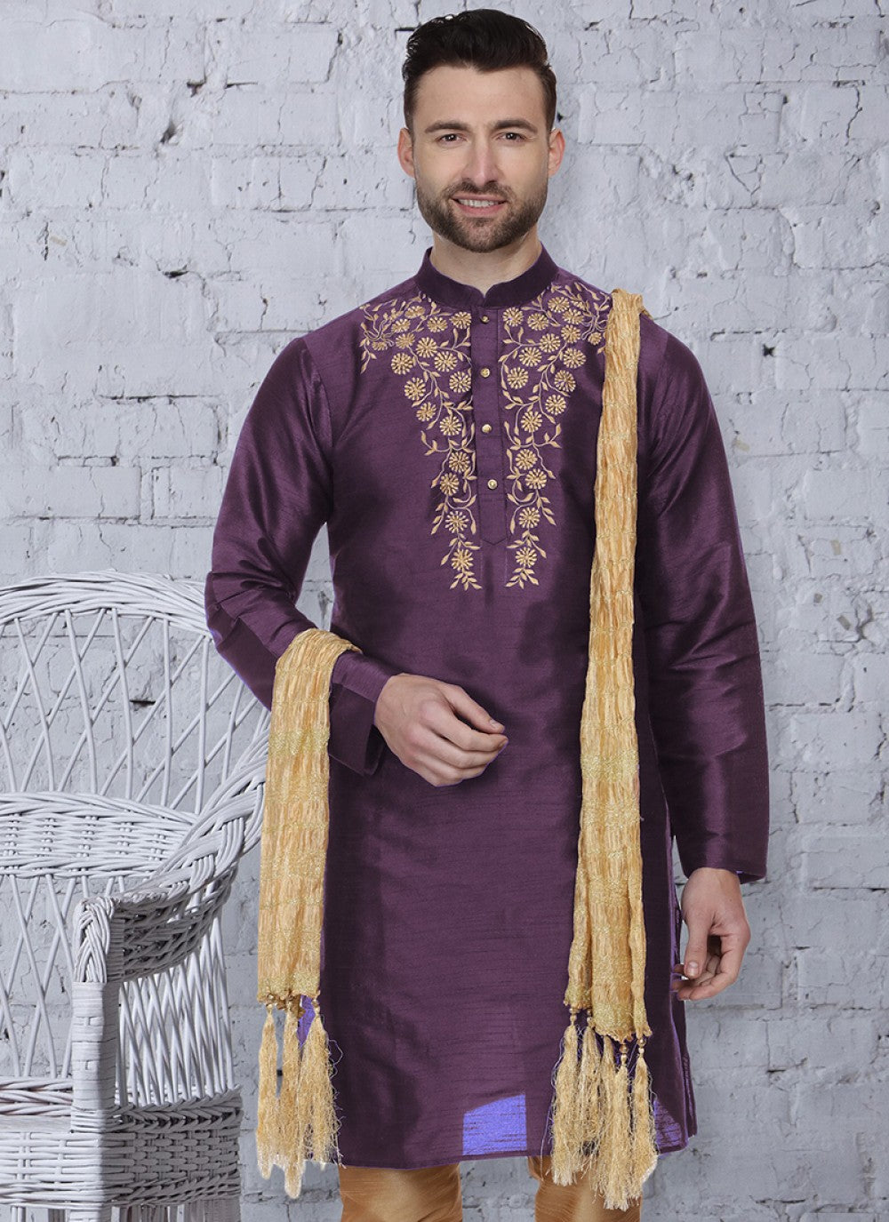 Embroidered Art Dupion Silk Purple Kurta - M1474