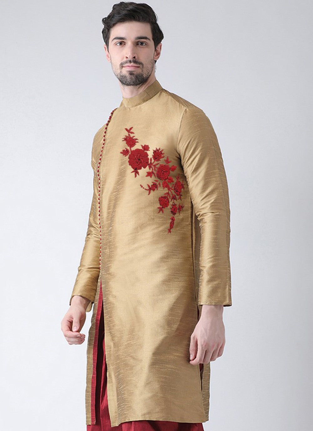 Embroidered Art Dupion Silk Gold Angrakha - M3509