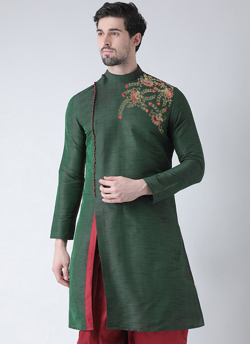 Embroidered Art Dupion Silk Green Angrakha - M3504