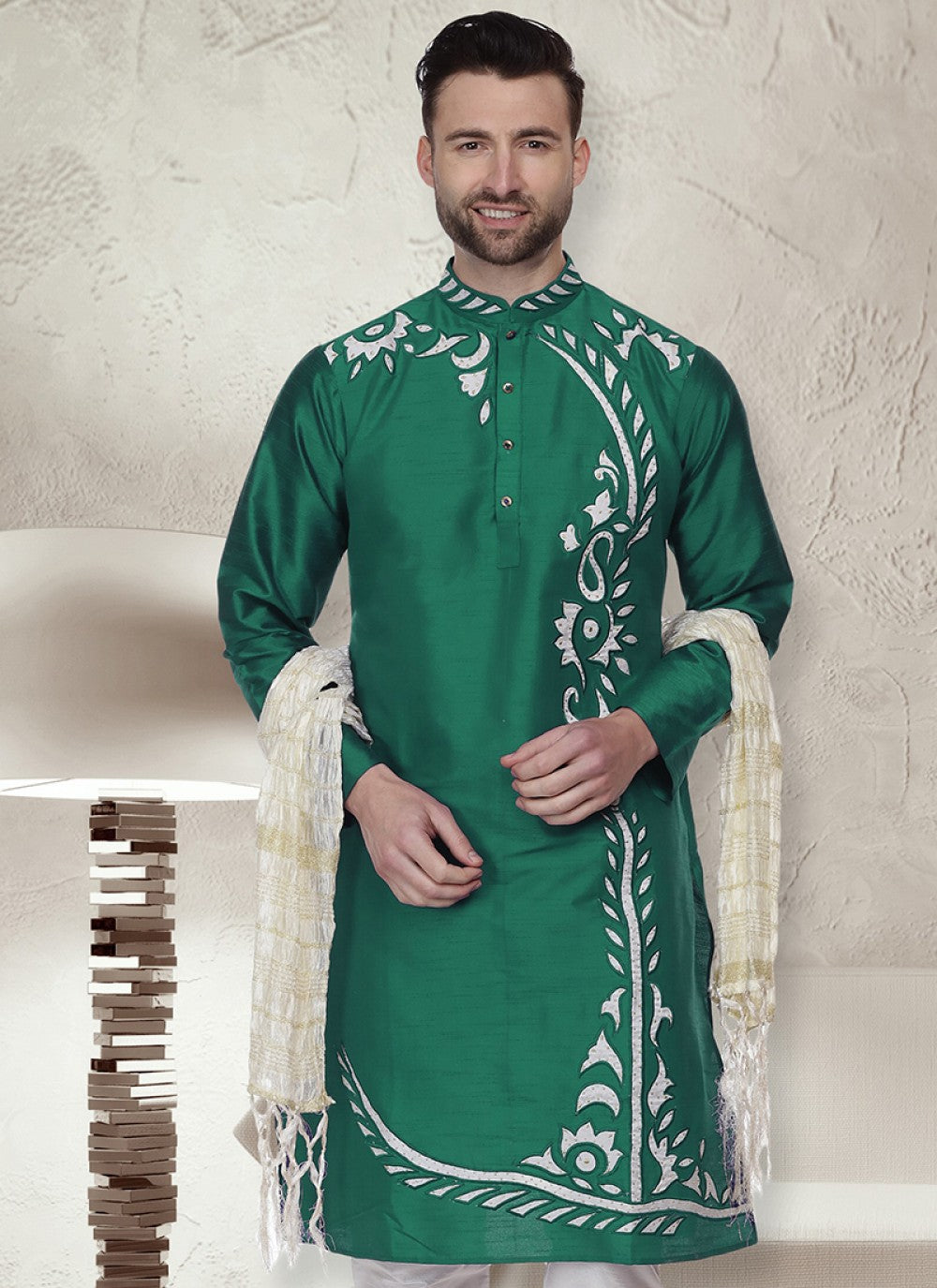 Embroidered Art Dupion Silk Green Kurta - M1486