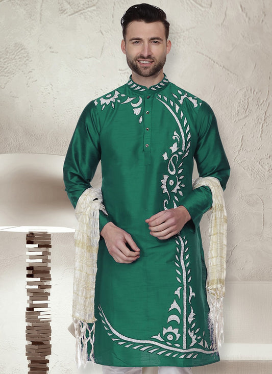 Embroidered Art Dupion Silk Green Kurta - M1486