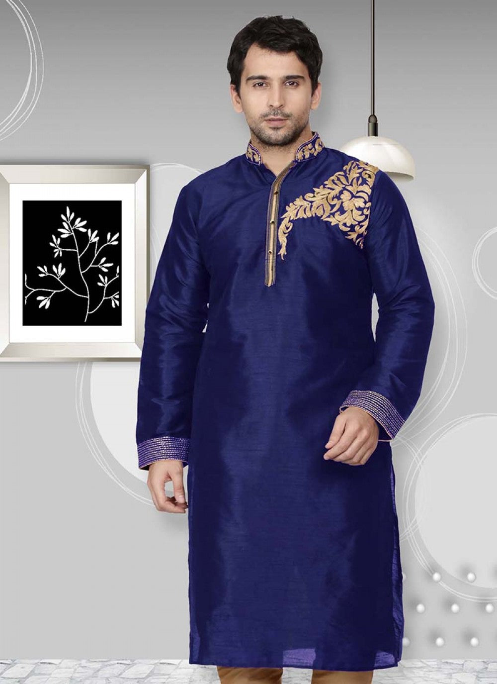 Embroidered Art Dupion Silk Navy Blue Kurta - M1524
