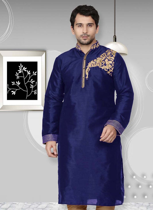 Embroidered Art Dupion Silk Navy Blue Kurta - M1524