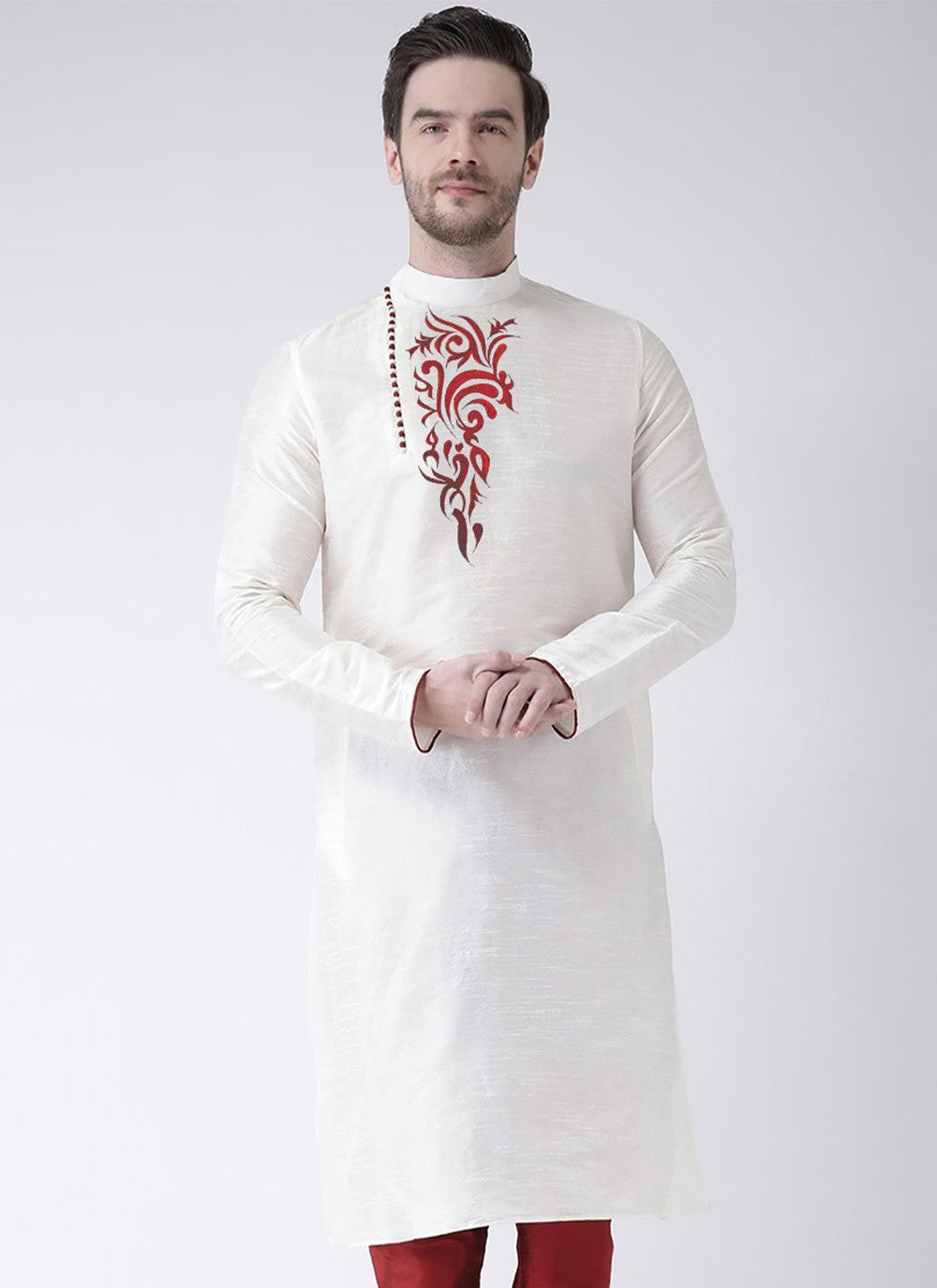 Embroidered Art Dupion Silk White Kurta - M4241