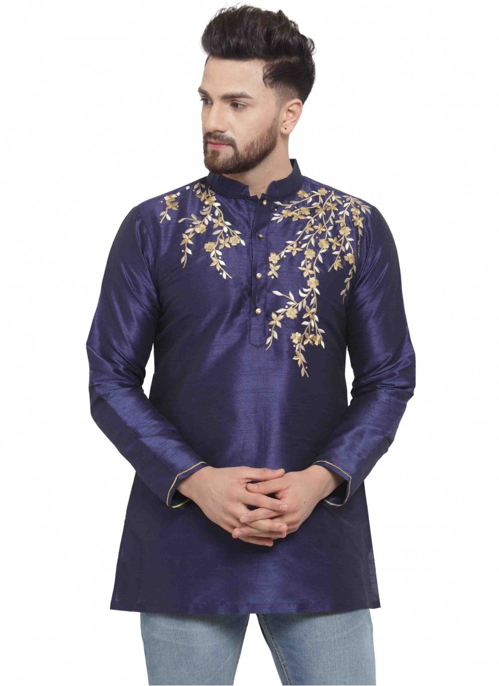 Embroidered Art Dupion Silk Navy Blue Kurta - M1696