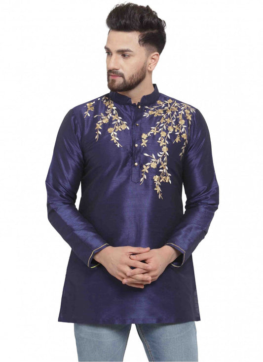 Embroidered Art Dupion Silk Navy Blue Kurta - M1696