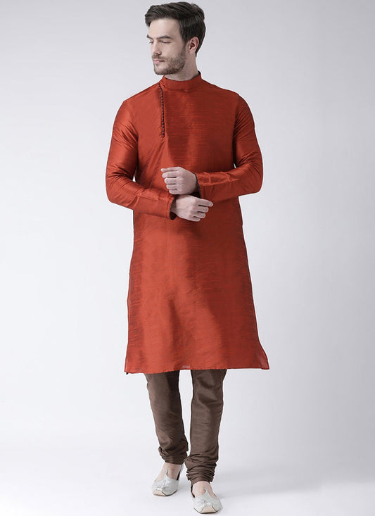 Plain Art Dupion Silk Orange Kurta Pyjama - M1446