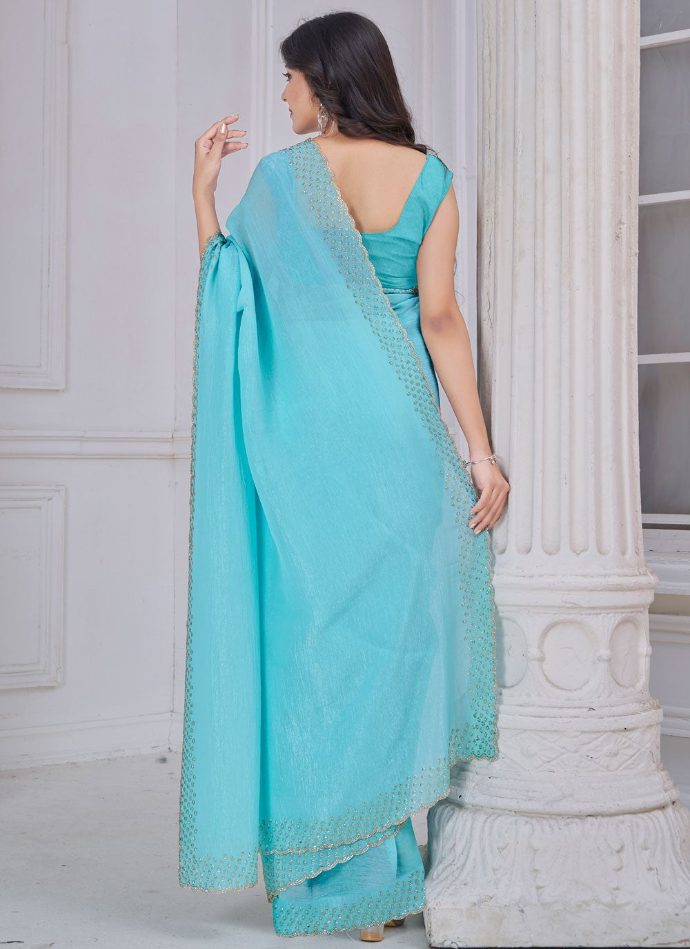 Beads Art Silk Blue Contemporary Saree S15106