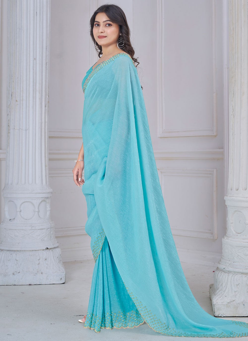Beads Art Silk Blue Contemporary Saree S15106