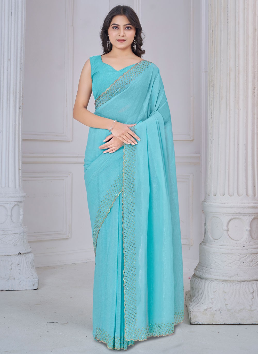 Beads Art Silk Blue Contemporary Saree S15106