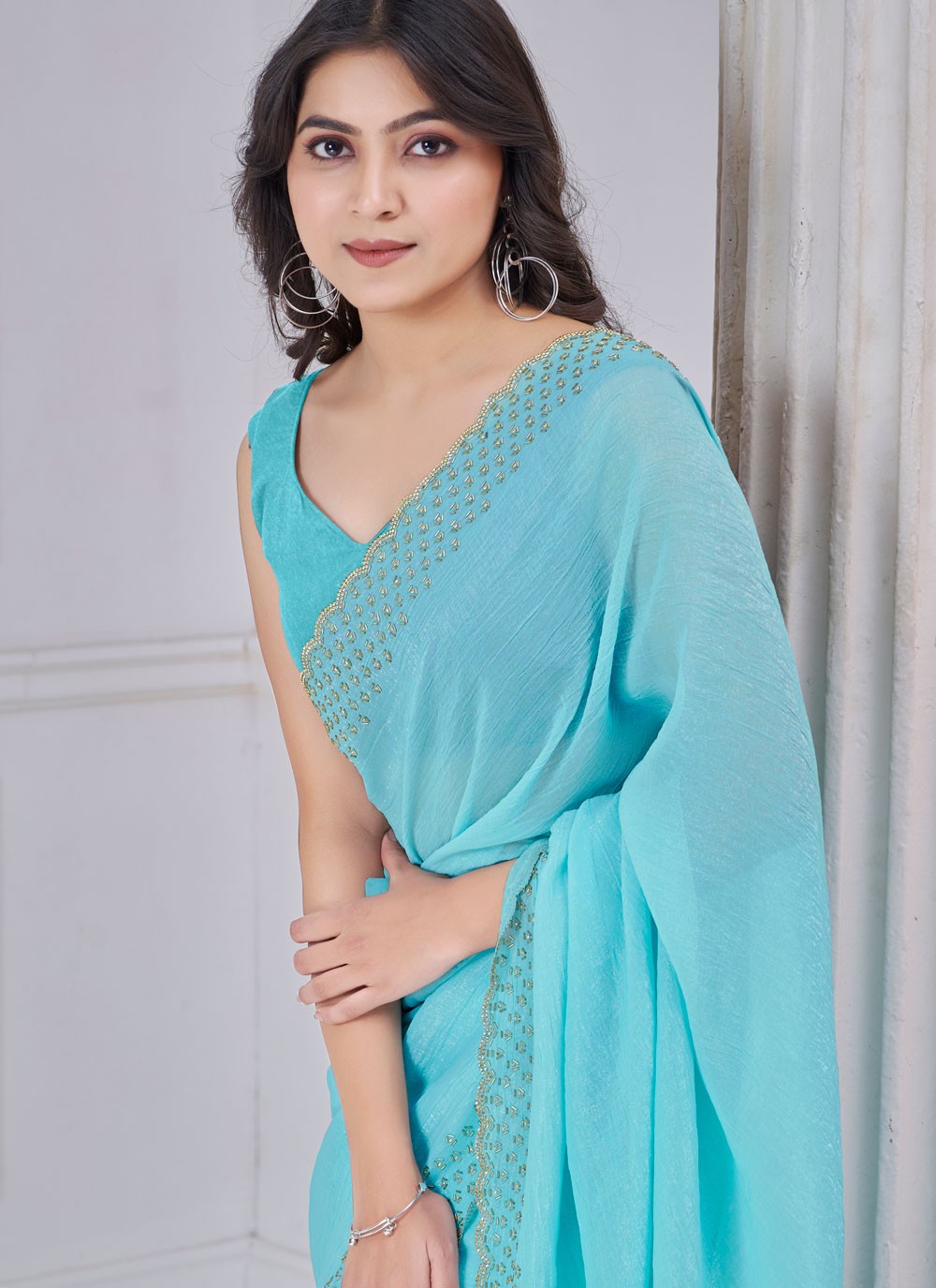 Beads Art Silk Blue Contemporary Saree S15106