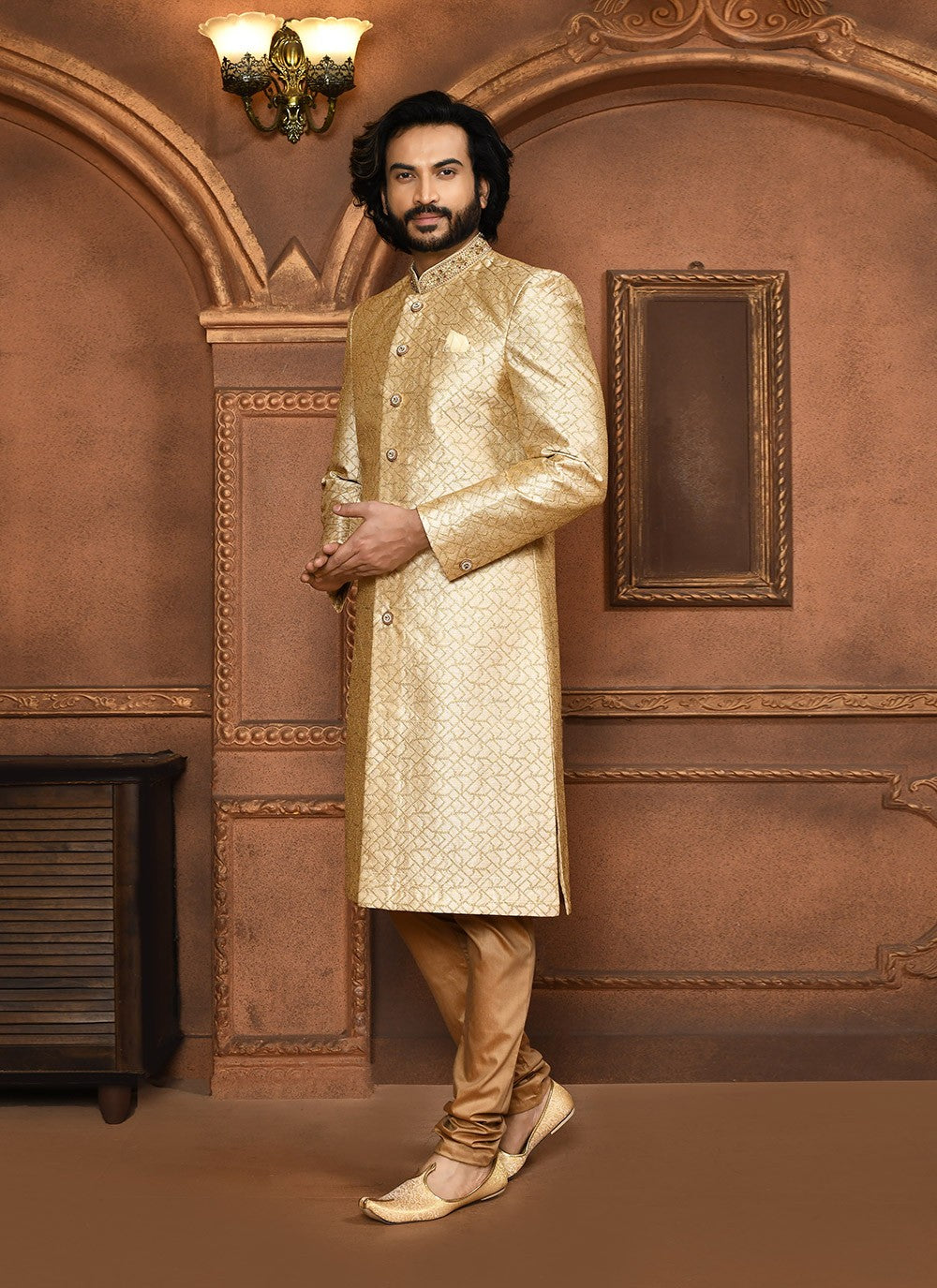 Embroidered Art Silk Beige Sherwani - M8043