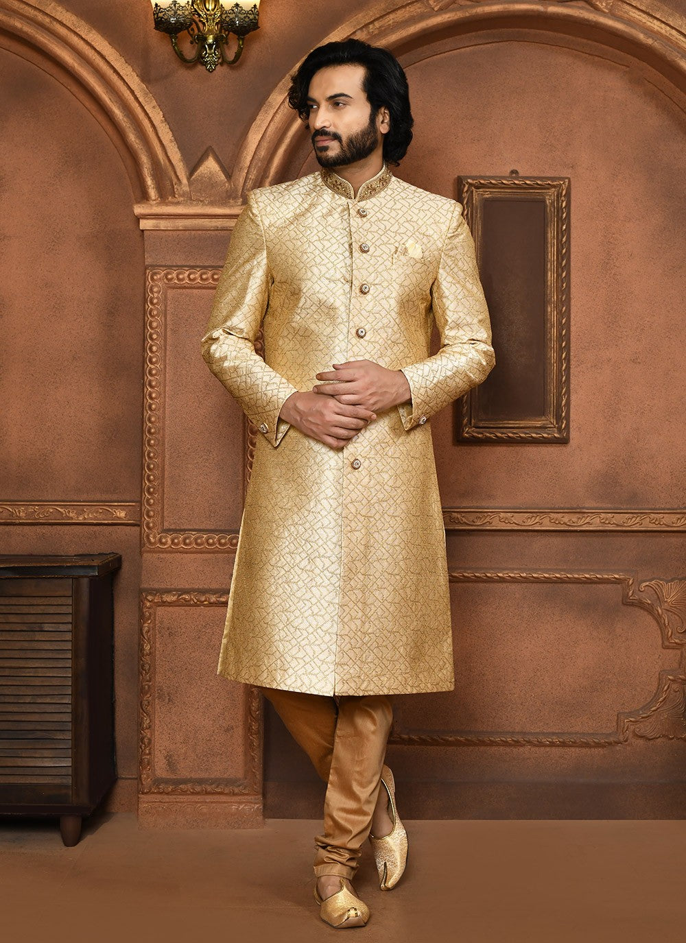 Embroidered Art Silk Beige Sherwani - M8043
