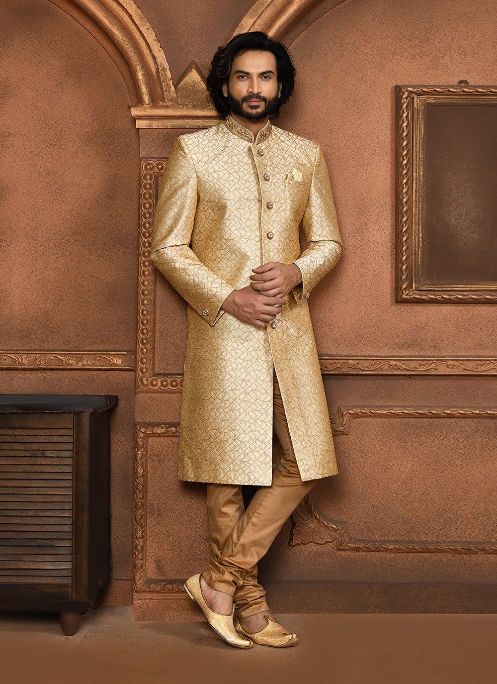 Embroidered Art Silk Beige Sherwani - M8043