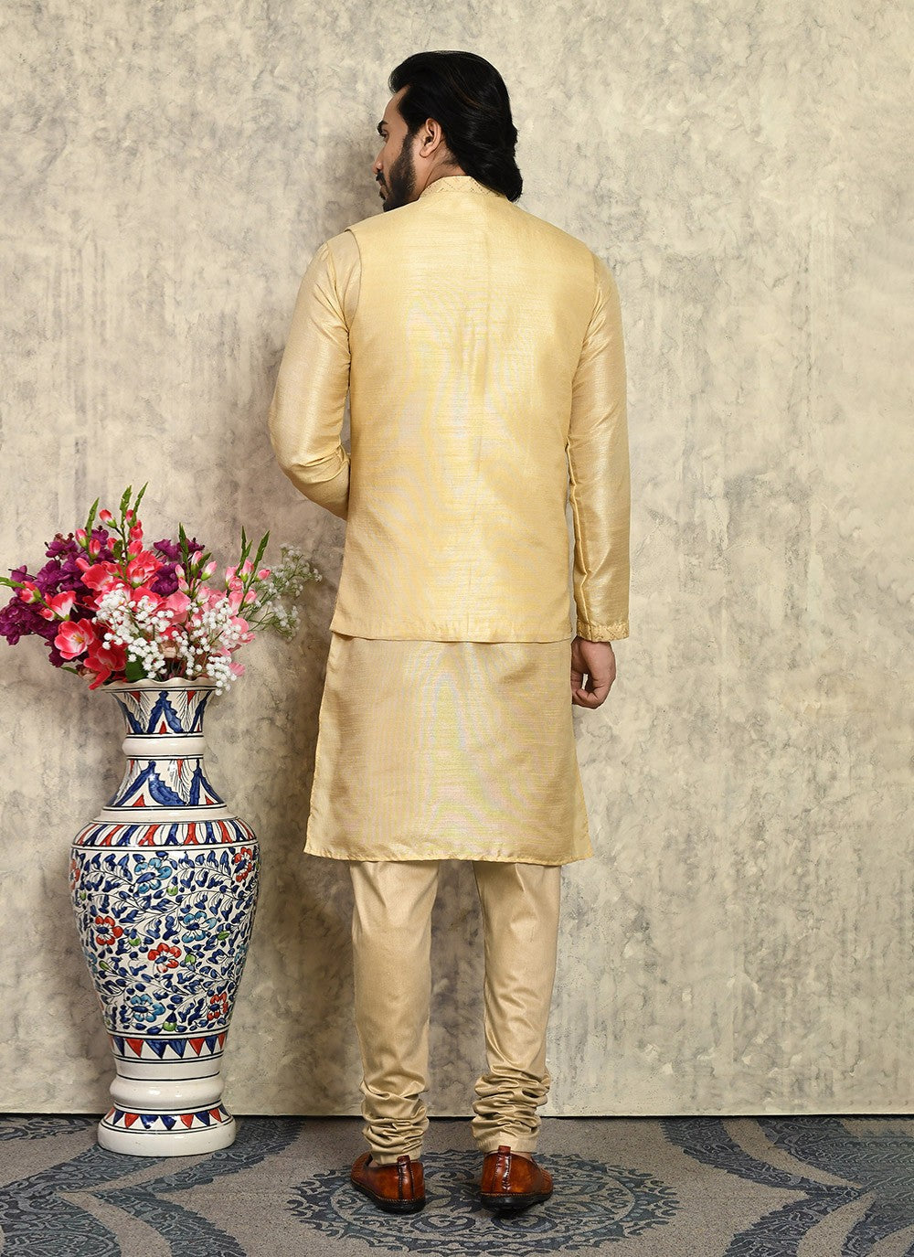 Embroidered Art Silk Beige Kurta Payjama With Jacket - M8009