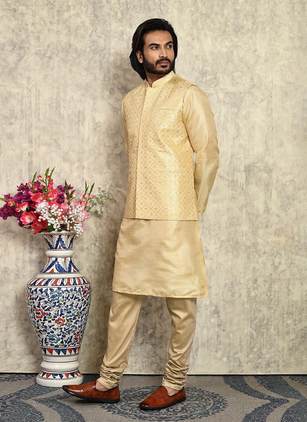 Embroidered Art Silk Beige Kurta Payjama With Jacket - M8009