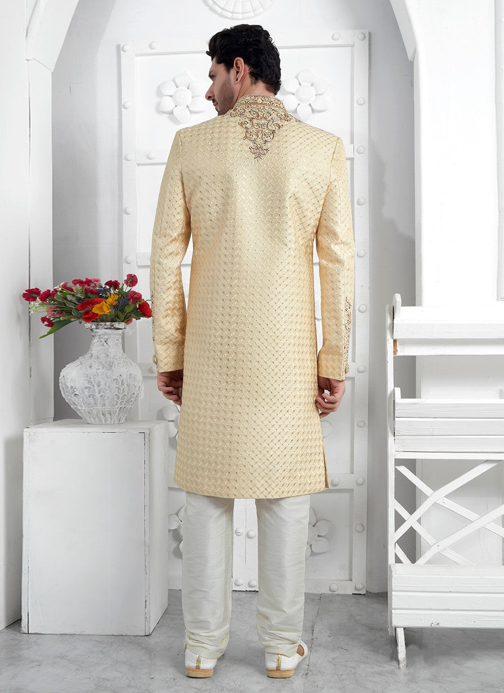 Embroidered Art Silk Beige Sherwani - M7453