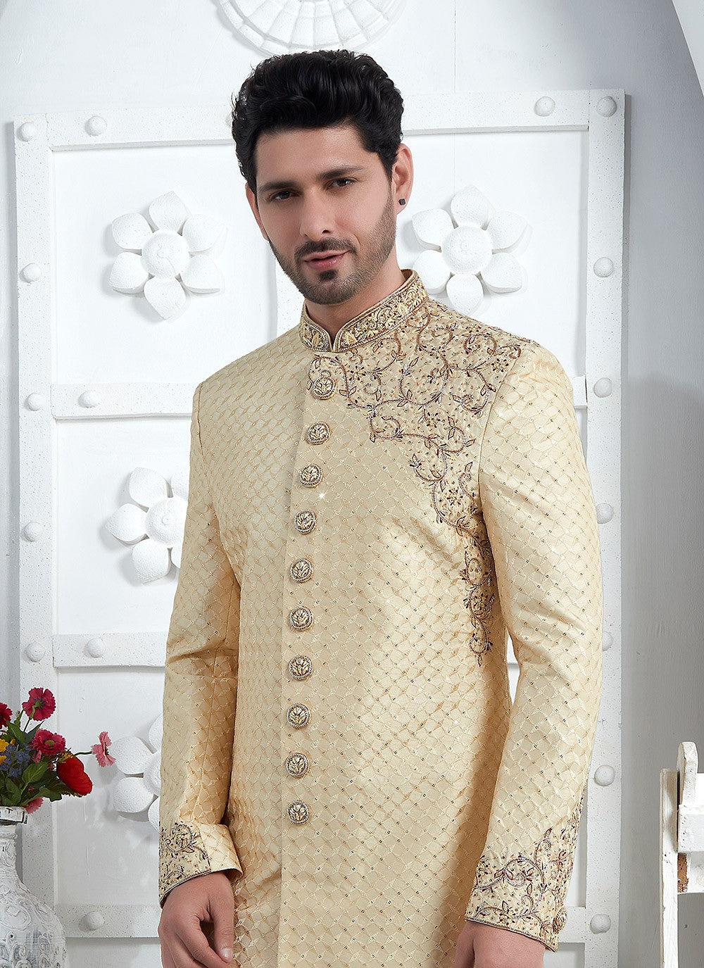 Embroidered Art Silk Beige Sherwani - M7453