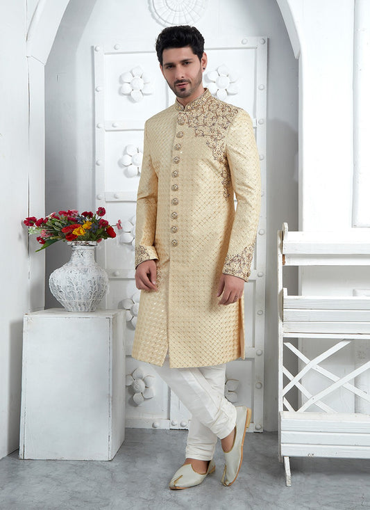 Embroidered Art Silk Beige Sherwani - M7453