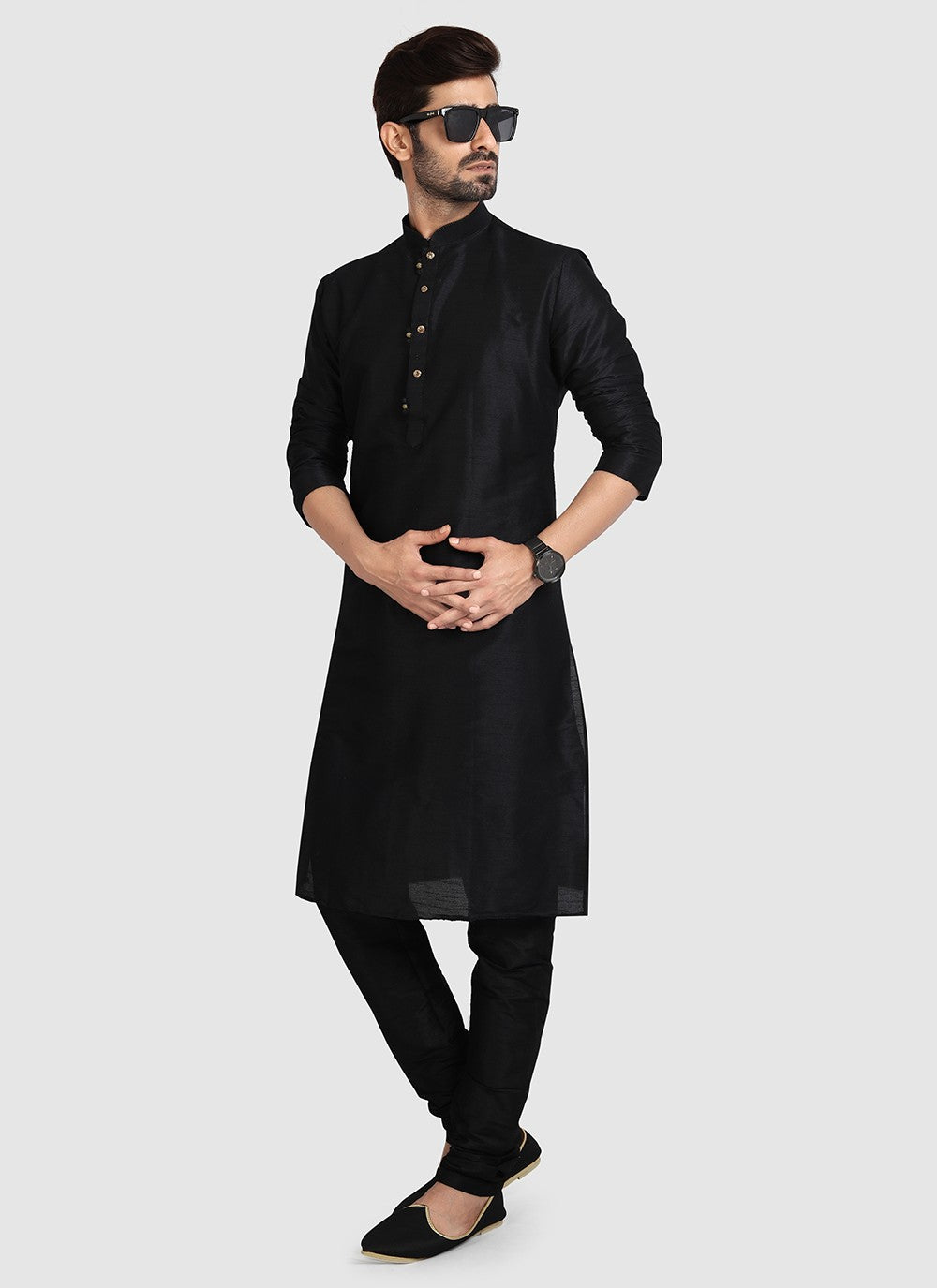Plain Art Silk Black Kurta Pyjama - M3411