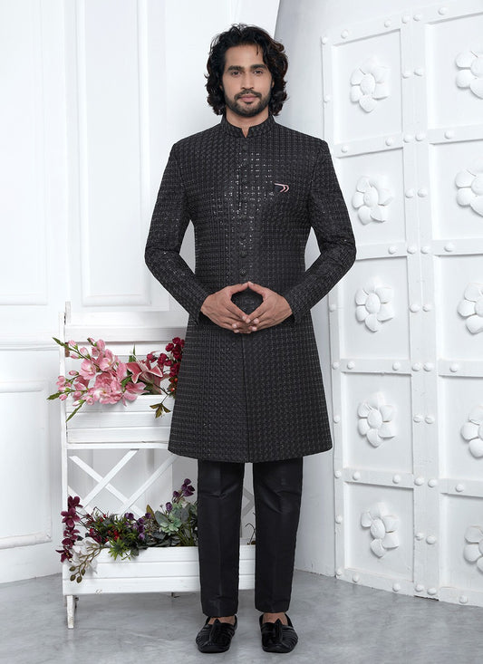 Machine Embroidery Art Silk Black Sherwani - M8257