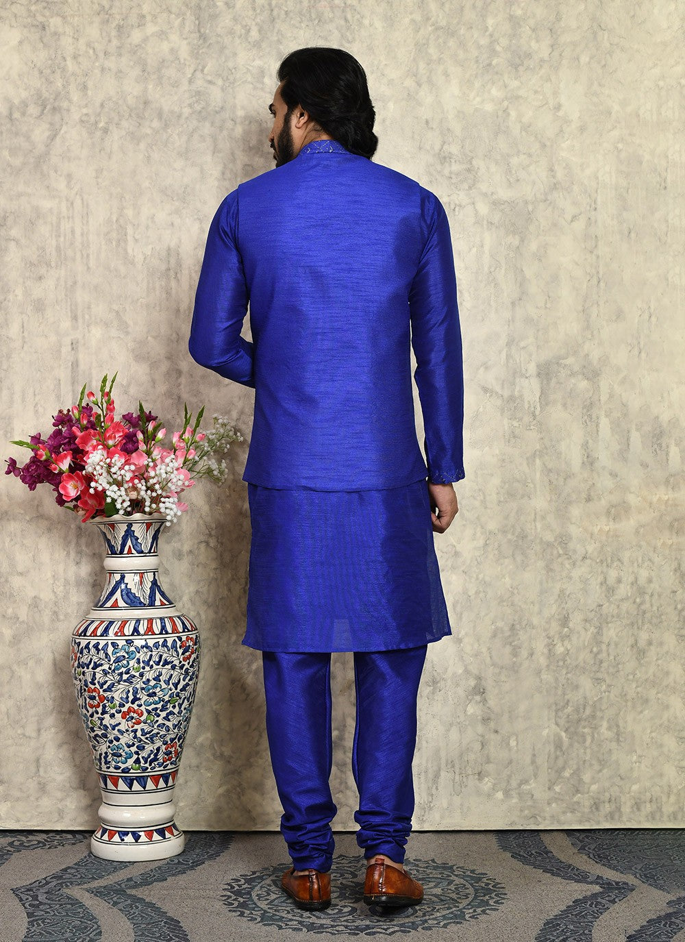 Embroidered Art Silk Blue Kurta Payjama With Jacket - M8007