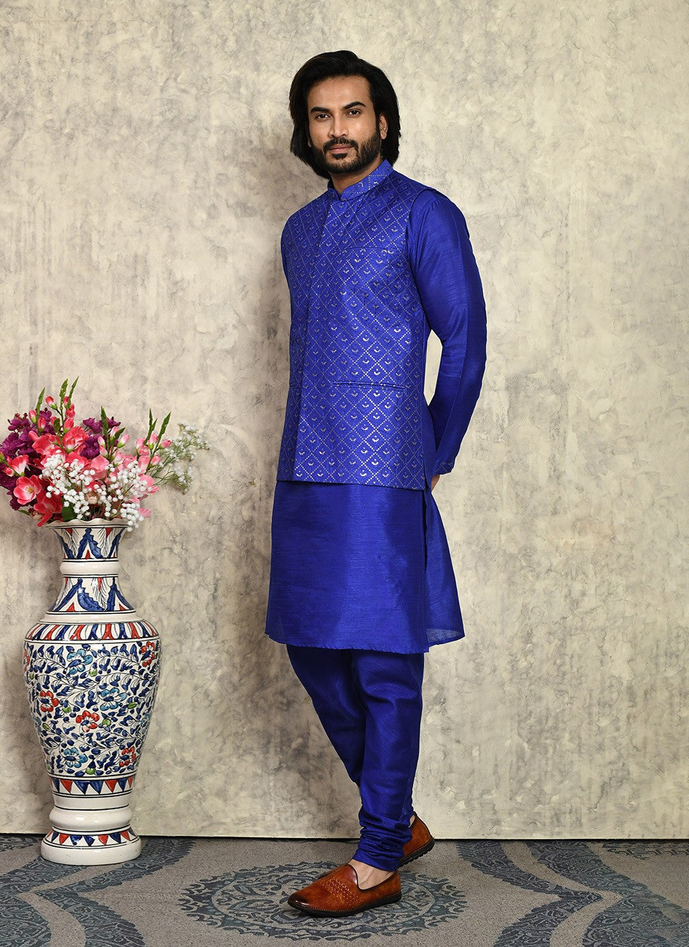 Embroidered Art Silk Blue Kurta Payjama With Jacket - M8007