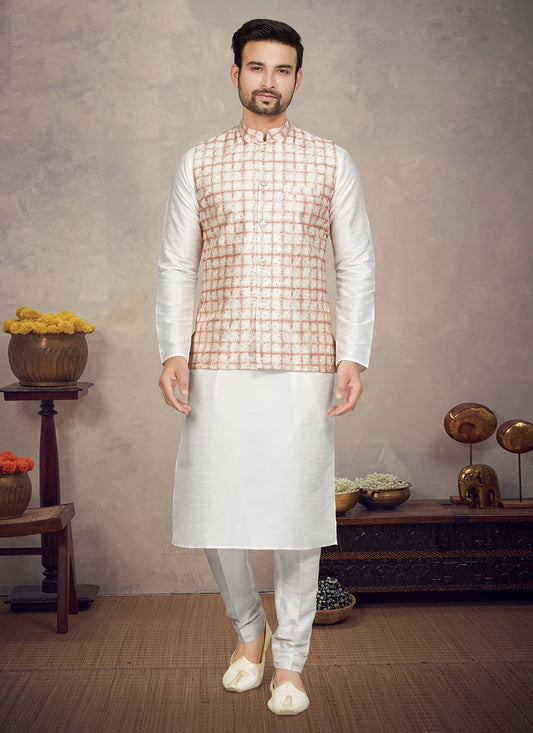 Digital Print Art Silk Cream, Rust Kurta Payjama With Jacket - M5972