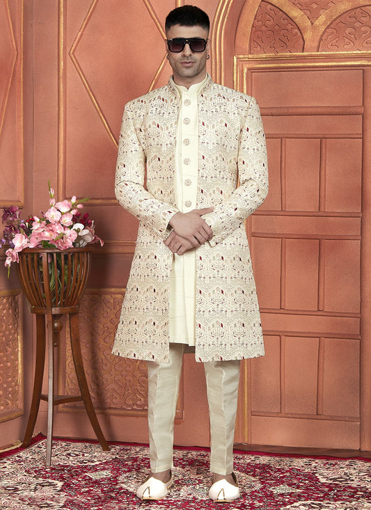 Machine Embroidery Art Silk Cream Indo Western - M7356