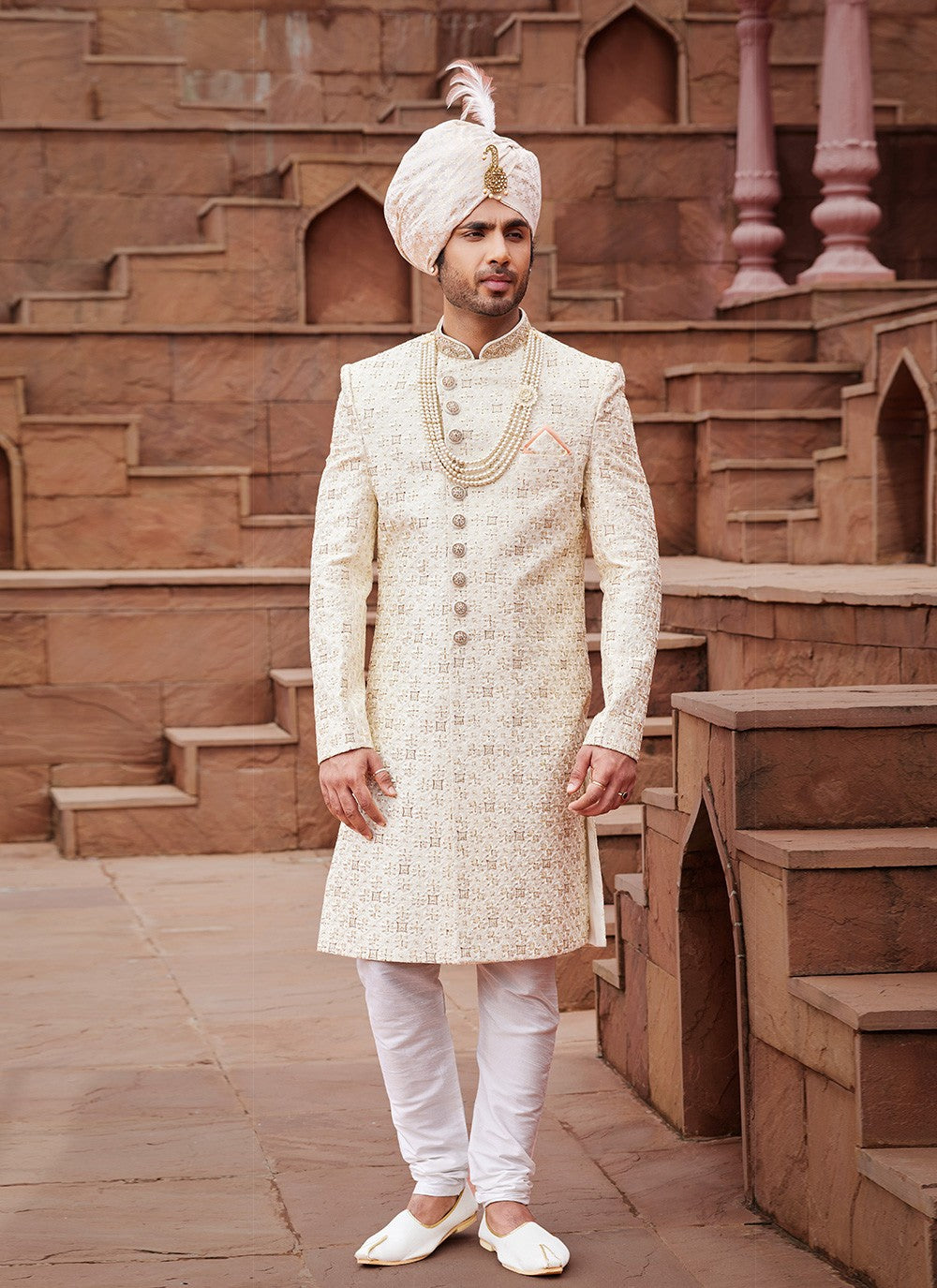 Embroidered Art Silk Cream Sherwani - M6517