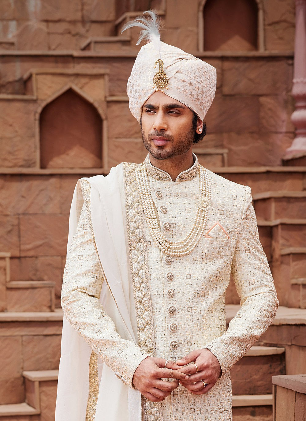 Embroidered Art Silk Cream Sherwani - M6517