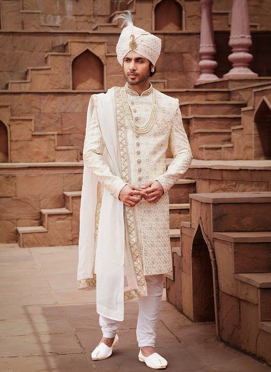 Embroidered Art Silk Cream Sherwani - M6517