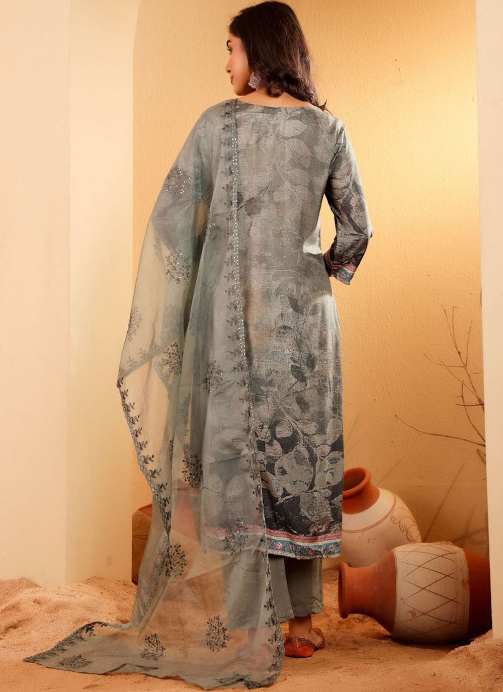Salwar Suit Embroidered Grey Art Silk T5115
